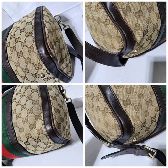 Authentic Gucci GG Canvas Leather Medium Vintage Web Boston Satchel Bag Brown/Be - Picture 12 of 16